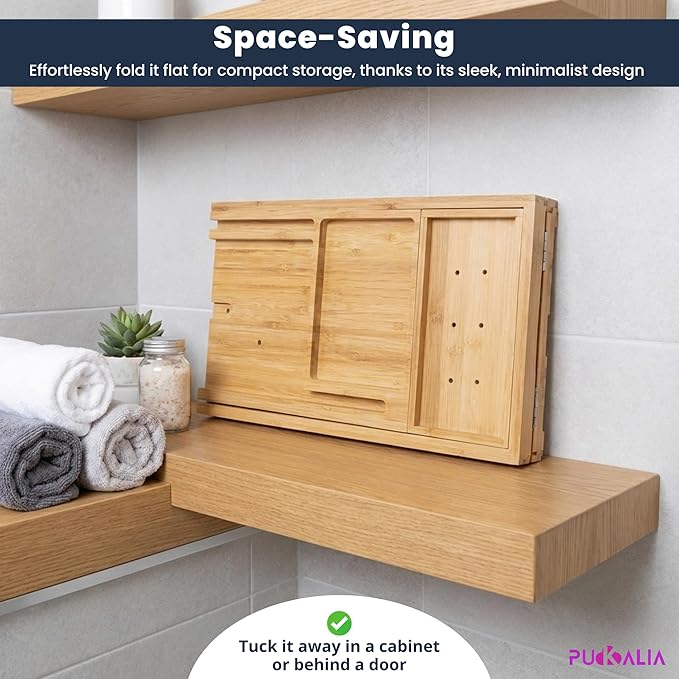 Bathtub Tray Wood Bamboo Caddy Expandable 29 to 42.5 Inch Foldable Design with Wine Glass Holder and Ergonomic Pillow Premium Home Spa Organizer for Luxury Soaking Relaxation