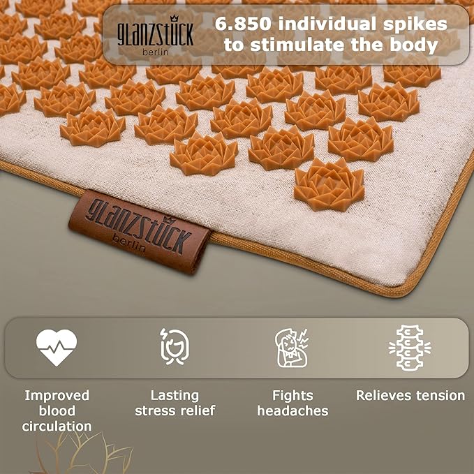 Glanzstück Berlin® Acupressure Mat Set Premium, Beginner Suitable, Made of Linen, Neck and Back Pain Relief, with Pillow (Heat Function) & Bag, Sustainable