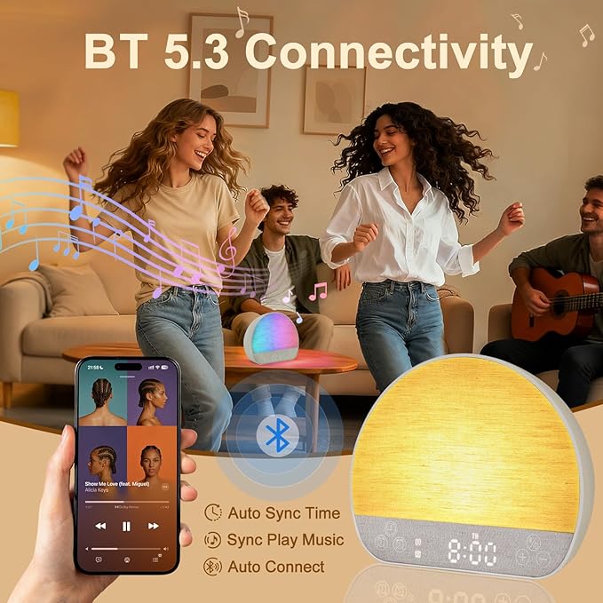 Tap Snooze Sunrise Alarm Clock, Wake Up Light Alarm with Remote Control, Bluetooth Speaker & USB Charging, 37 Sounds White Noise Machine, 15 Colors Dimmable Night Light for Heavy Sleepers
