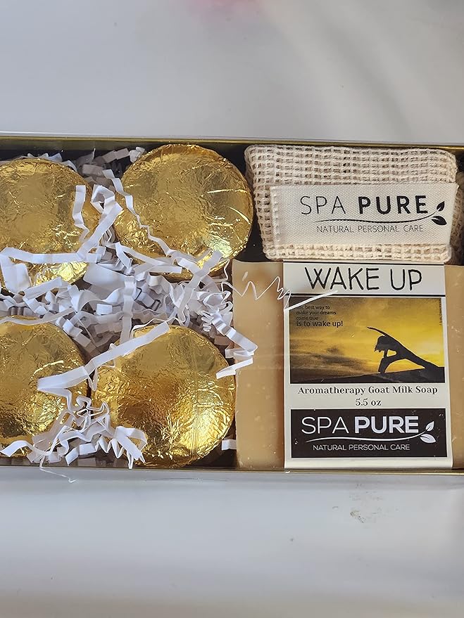 Spa Pure Aromatherapy Gift Set: Wake Up Large Artisan soap, 4 Shower Steamers, made with plant based ingredients, includes Cotton Steamer Bag & Soap Bag