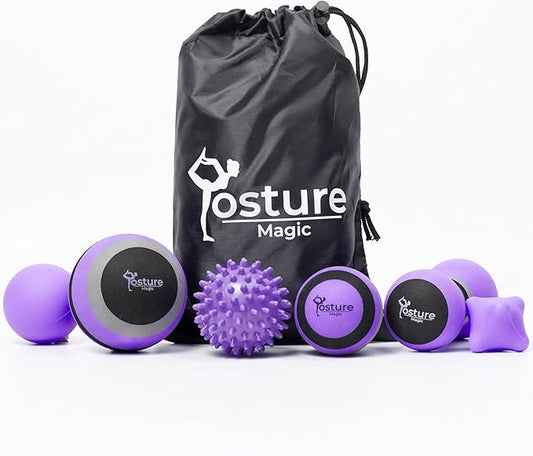 Posture Magic Massage Ball Kit for Myofascial Trigger Point Release & Deep Tissue Massage - Set of 6 - Large Foam/Small Foam/Lacrosse/Peanut/Spiky/Hand Exercise Ball (Purple)