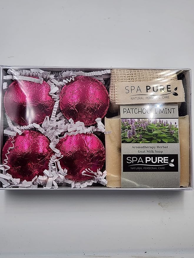 Spa Pure Aromatherapy Gift Set: Patchouli Mint Artisan soap, Shower Steamers, made with plant based ingredients, Cotton Soap & Steamer bag (Patchouli Mint)