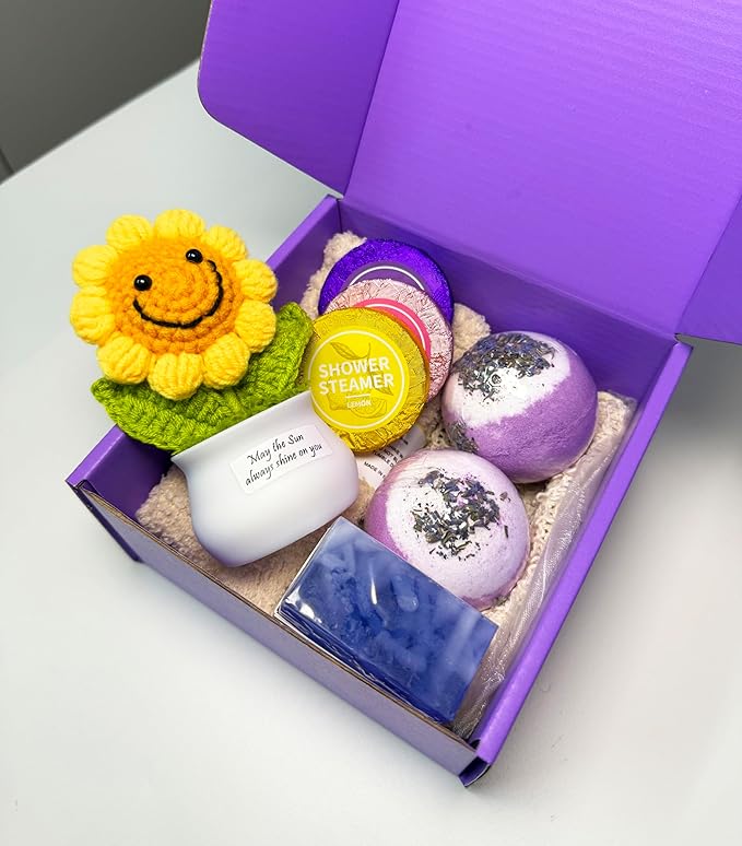Bath Sets for Women Gift - Lavender Bath Bombs Soap Shower Steamer Positive Sunflower for Birthday Christmas Mother's Day, Sending Sunshine, Get Well Soon, Uplifting, Relaxing for Her