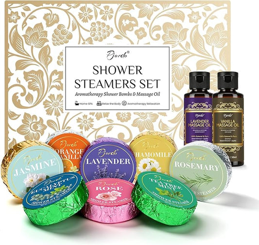 Shower Steamers Aromatherapy, Birthday Gifts for Women Wife Her, 16 Pack Shower Bombs with Natural Essential Oil & 2 Pack Massage Oil for Moisturizing, Self Care Relaxation Home Spa