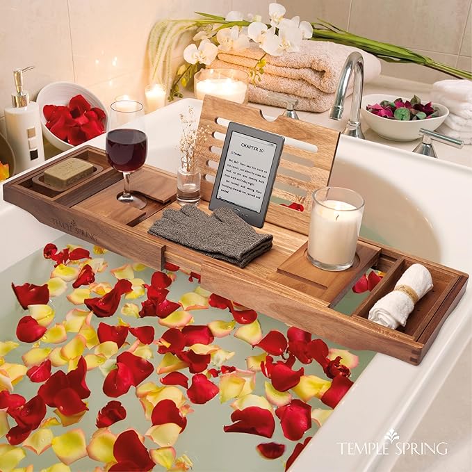Temple Spring Acacia Wood Bathtub Tray Caddy for Tub — Expandable Bath Tray with Solid Book Stand Wine Holder and Non-Slip Pads — Includes Soap Dish and Spa Accessories — Luxury Hardwood Bath Gift Set