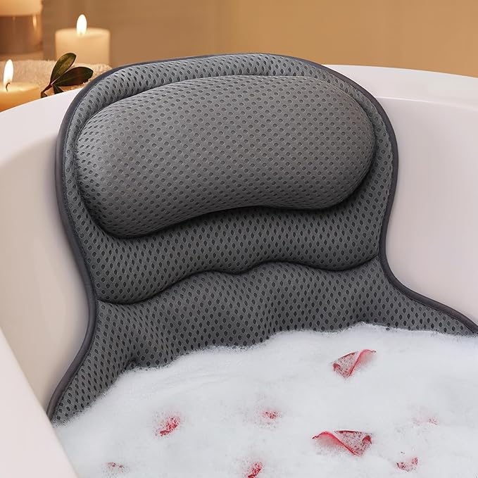 Bath Pillow, Luxury Bath Pillows for Tub, Relaxing Bathtub Pillows for Head and Neck Support, with 4D Air Mesh Fabric and Powerful Suction Cups, Great Bath Tub Accessories, Gray