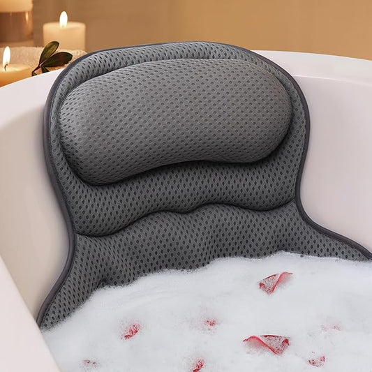 Bath Pillow, Luxury Bath Pillows for Tub, Relaxing Bathtub Pillows for Head and Neck Support, with 4D Air Mesh Fabric and Powerful Suction Cups, Great Bath Tub Accessories, Gray