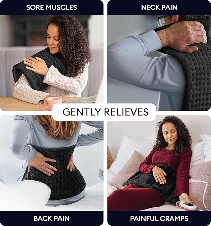 GENIANI Electric Heating Pad for Back Pain & Cramps Relief, Electric Throw, Auto Shut Off, Machine Washable, Moist Heat Pad for Neck & Shoulder - Valentines Day Gifts for Her (12'‘×24" Black)