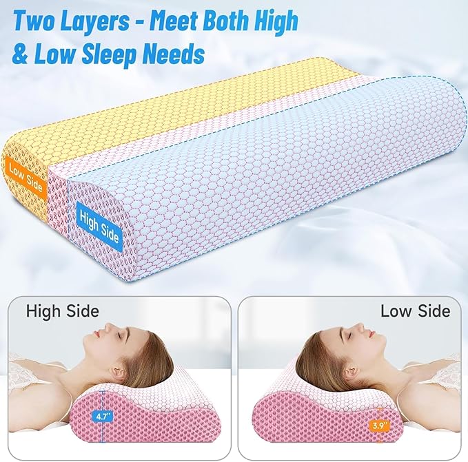 CloudBliss Memory Foam Pillow, Ergonomic Neck Contour Cervical Pillow for Back and Shoulder Pain, Orthopedic Pillow for Neck Pain Relief, for Sleeping Side, Back, Stomach Sleepers - Pink, Queen