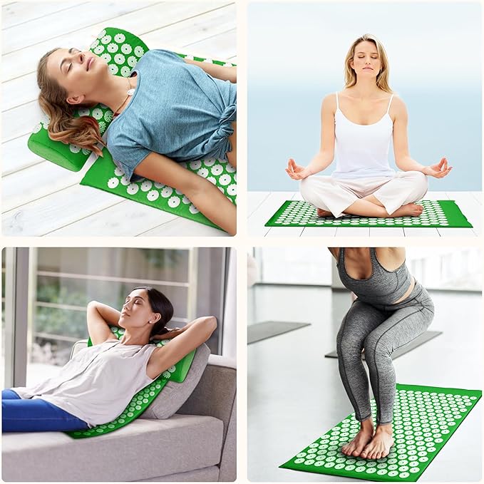Fitvids Acupressure Mat and Pillow Set for Back/Neck Pain, Acupuncture Products to Relieve Muscle Fatigue, Improve Insomnia for Sedentary People, Acupuncture Eases Stress, Massage Mat, Green