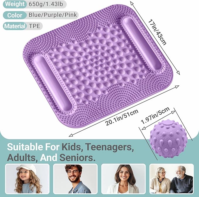 Foot Massage Mat with Two Massage Balls, 5-Zone Acupressure & Reflexology Mat for Various Stimulation, Portable Pressure Point Pad for Feet Relaxation, Pain, Fatigue Relief(Purple)