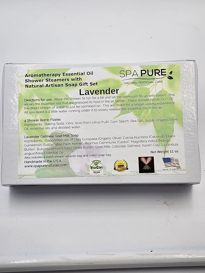Spa Pure Aromatherapy Gift Set: Lavender Large Artisan soap, 4 Shower Steamers, made with plant based ingredients, essential oils, all natural