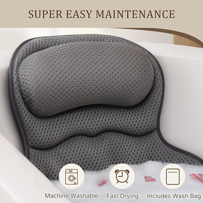 Bath Pillow, Luxury Bath Pillows for Tub, Relaxing Bathtub Pillows for Head and Neck Support, with 4D Air Mesh Fabric and Powerful Suction Cups, Great Bath Tub Accessories, Gray