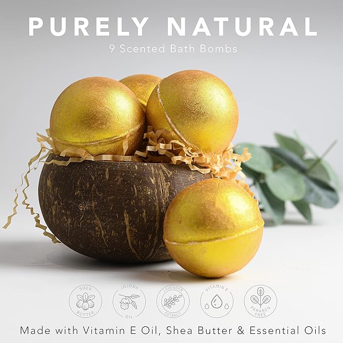 Birthday Gifts, 24K Gold Bath Bombs Set, Deluxe Marble Bath Bomb Gift Set, 9 Bath Bombs for Women & Men, Perfect for Bubble & Spa Bath, Natural Scents, Vanilla Coconut, Lavender, Jasmine & More