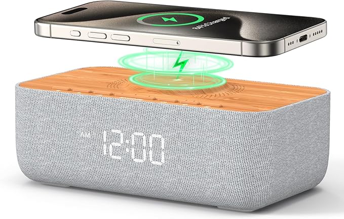 REACHER 15W Fast Magnetic Wireless Charging Alarm Clock with White Noise Machine, Woodgrain Style, 20 High‑Fidelity Sounds, Gradual Wake & Snooze, 0–100% Dimmable Digital Clock, Bedroom & Office