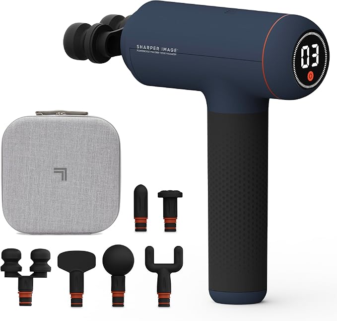 Sharper Image Deep Tissue Percussion Massage Gun, Powerboost Max Rechargeable Handheld Massager, 7 Adjustable Speeds, 6 Attachment Heads & Carrying Case, Full Body Muscle Pain Relief, Blue