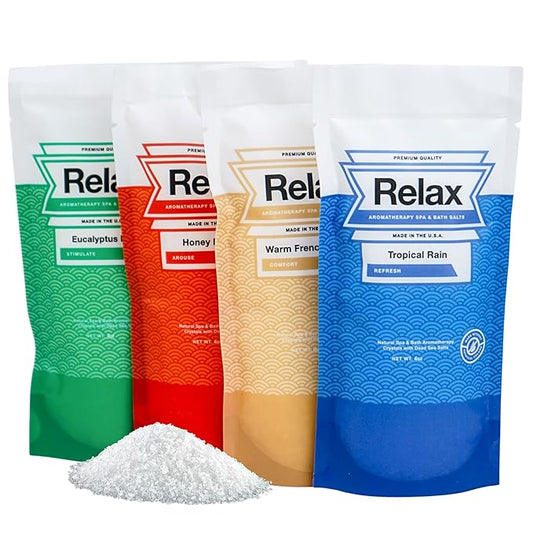 Relax Spa & Bath, Epsom & Dead Sea Salts, Aromatherapy Bath Salts for Hot Tub, Bath, or Spa, Infused with Magnesium, Spa Gifts for Women, 4 Pack, Relax Original Collection, 4 oz Each