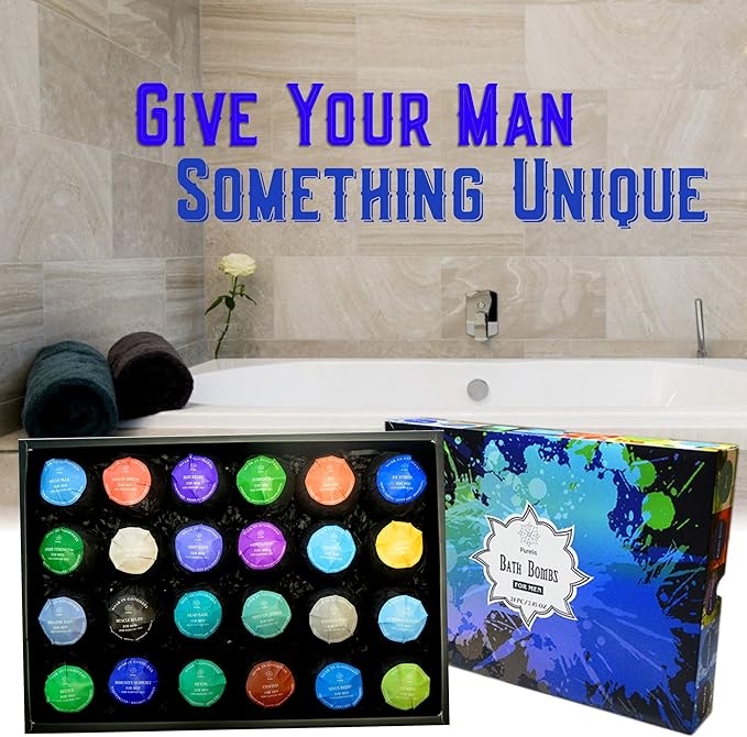 Bath Bomb Gift Sets for Men. 24 Therapeutic Aromatherapy Mens Bath Bombs. Best Gift for Dad and Fathers Day Gift Sets