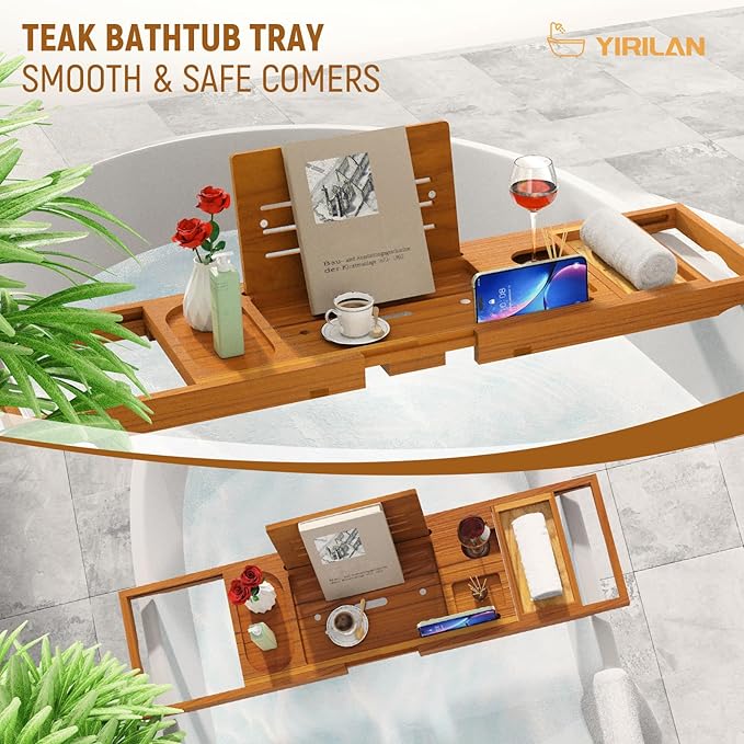Yirilan Teak Bathtub Tray for Tub, Bath Table Tray for Tub Wood, Bathtub Caddy, Luxury Gift for House Warming, Wedding, Bridal Shower, Anniversary