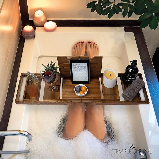 Temple Spring Foldable Bathtub Tray, Unique Design Selfcare Bathroom Caddy, Acacia Spa Bathroom Tray, Wooden Bathtub Accessories, Wedding Gift/Birthday Gift/New Home Bath Table – Not Teak