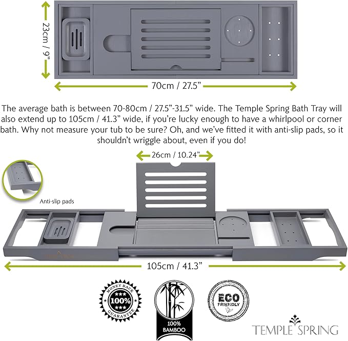Temple Spring Wooden Bathtub Tray, Bamboo Bathroom Accessories, Bath Tray for Tub, at Home Spa Essentials, Board for Tub Table, Bath Caddy for Bathtub Accessories & Bathroom Essentials – Slate Grey