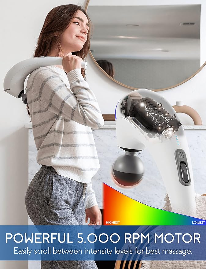 Zyllion Handheld Back and Neck Massager - Cordless Rechargeable Electric Vibrating Deep Tissue Massage with Heat for Athletes, Recovery and Muscle Pain Relief - White (ZMA-27-WT)