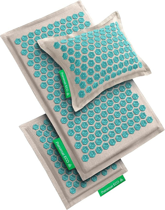 Acupressure Large & Small Mat with Pillow Set, Premium Acupressure Therapy for Pain Relief and Relaxation, Handcrafted in Europe with Sustainable and Natural Materials (Lagoon)