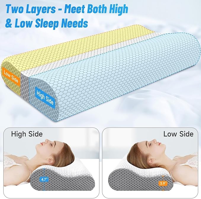 CloudBliss Memory Foam Pillow, Ergonomic Neck Contour Cervical Pillow for Back and Shoulder Pain, Orthopedic Pillow for Neck Pain Relief, for Sleeping Side, Back, Stomach Sleepers - Grey, Queen