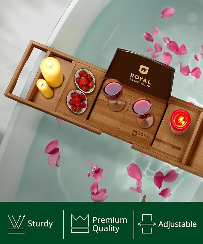 ROYAL CRAFT WOOD Premium Foldable Bathtub Tray Caddy - Wood Bath Tray for Tub, Bamboo Shelf, Expandable Bath Table Trays, Bathtub & Bathroom Accessories for New Home & Mothers, Birthday Gifts for Mom