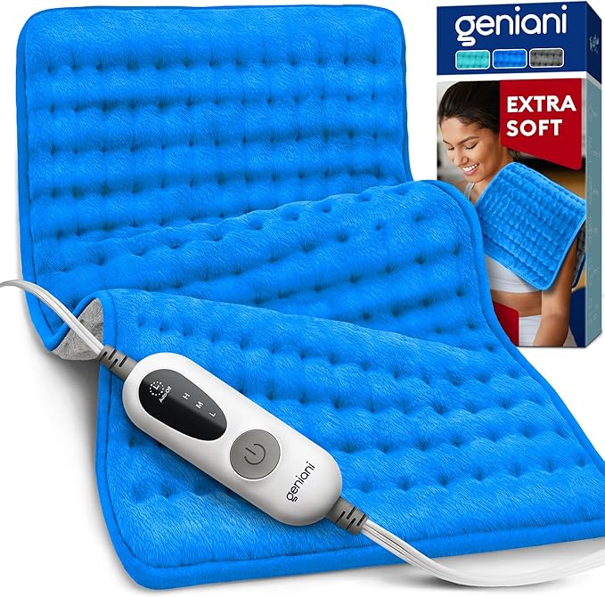 GENIANI Electric Heating Pad for Back Pain & Cramps Relief, Electric Throw, Auto Shut Off, Machine Washable, Moist Heat Pad for Neck & Shoulder - Valentines Day Gifts for Her, 12x24 Electric Blue
