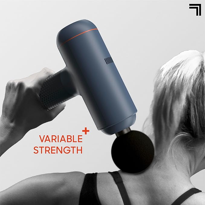 Sharper Image Deep Tissue Percussion Massage Gun, Powerboost Max Rechargeable Handheld Massager, 7 Adjustable Speeds, 6 Attachment Heads & Carrying Case, Full Body Muscle Pain Relief, Blue