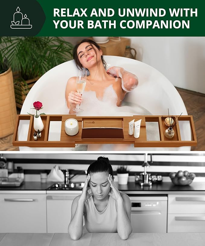 ROYAL CRAFT WOOD Premium Foldable Bathtub Tray Caddy - Wood Bath Tray for Tub, Bamboo Shelf, Expandable Bath Table Trays, Bathtub & Bathroom Accessories for New Home & Mothers, Birthday Gifts for Mom
