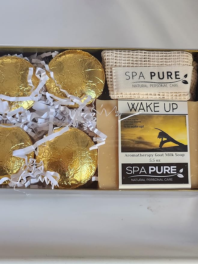 Spa Pure Aromatherapy Gift Set: Wake Up Large Artisan soap, 4 Shower Steamers, made with plant based ingredients, includes Cotton Steamer Bag & Soap Bag