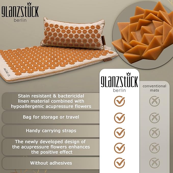 Glanzstück Berlin® Acupressure Mat Set Premium, Beginner Suitable, Made of Linen, Neck and Back Pain Relief, with Pillow (Heat Function) & Bag, Sustainable