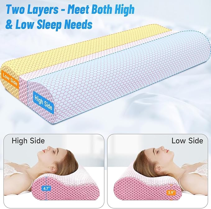 CloudBliss Memory Foam Pillow, Ergonomic Neck Contour Cervical Pillow for Back and Shoulder Pain, Orthopedic Pillow for Neck Pain Relief, for Sleeping Side, Back, Stomach Sleepers - Pink, King