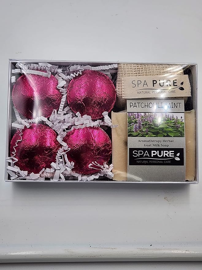 Spa Pure Aromatherapy Gift Set: Patchouli Mint Artisan soap, Shower Steamers, made with plant based ingredients, Cotton Soap & Steamer bag (Patchouli Mint)