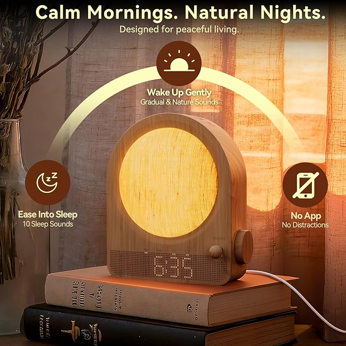 Vivilumens Gradual Sunrise Alarm Clock & White Noise Sound Machine for Better Sleep - Wood Grain Design, Wake-Up Light, Night Light, 10 Natural Sounds, Dual Alarms for Heavy Sleepers