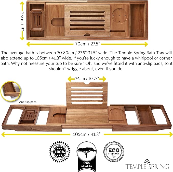 Temple Spring Acacia Wood Bathtub Tray Caddy for Tub — Expandable Bath Tray with Solid Book Stand Wine Holder and Non-Slip Pads — Includes Soap Dish and Spa Accessories — Luxury Hardwood Bath Gift Set