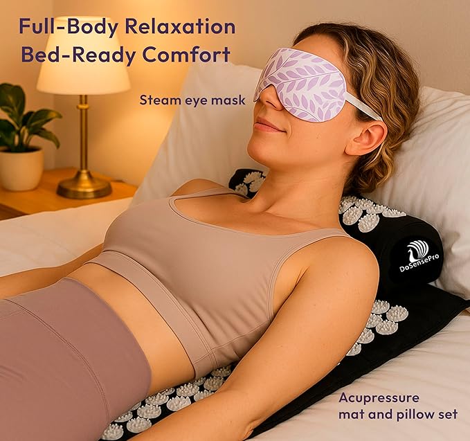 Acupressure Mat & Pillow Set + Lavender Self Heating Steam Eye Mask for Stress Relief, Pain Relief, Better Sleep & Deep Relaxation