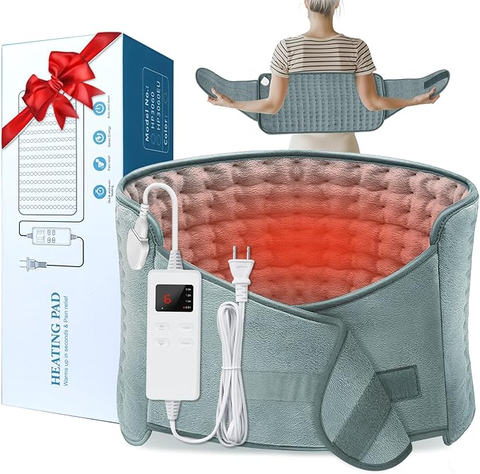 Heating Pad for Back Pain Relief, Electric Heating Pad for Period Cramps Neck Shoulders with Belt, 4 Timer 6 Heat Setting & Auto Shut Off, 12"x24"+20" Large Moist Heat Pad for Mom,Dad