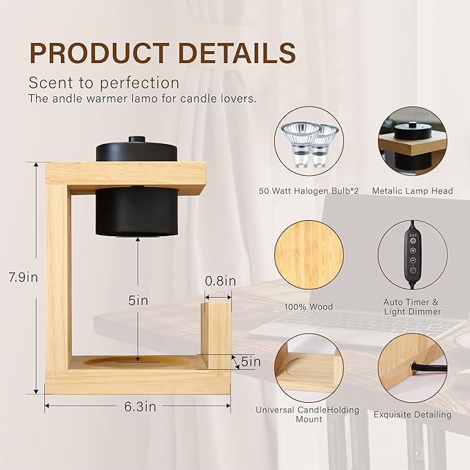 Candle Warmer Lamp, with 2 Bulbs,Timer & Dimmer,Simple Natural Wood,Compatible Up to 4.5 inch Candles,for Home Scented and Décor，110-120V (Wood)