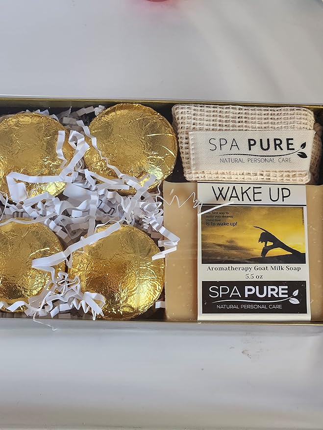 Spa Pure Aromatherapy Gift Set: Wake Up Large Artisan soap, 4 Shower Steamers, made with plant based ingredients, includes Cotton Steamer Bag & Soap Bag