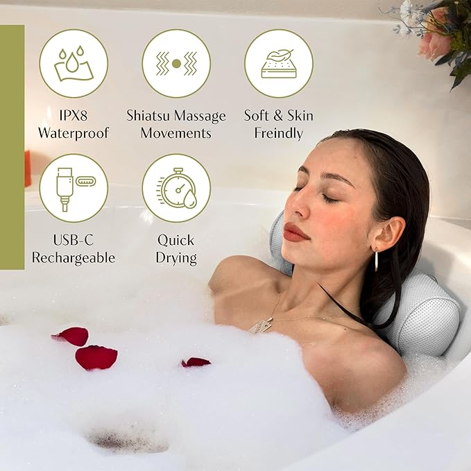MONET Massaging Bath Pillow - IPX8 Waterproof Bath Pillow for Tub - Soft 4d Mesh Back, Neck and Shoulder Massager - Deep Tissue Relief and Relaxation - Non-Slip 6 Suction Cup - Fits All Tubs