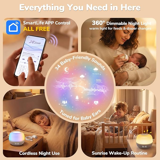 2025 Mom's Choice Awards | Sound Machine Baby White Noise Machine with Sunrise Alarm Clock & App Control – 360° RGB Night Light, Sleep Soother for Adults & Kids, Newborn Essentials Shower Gift