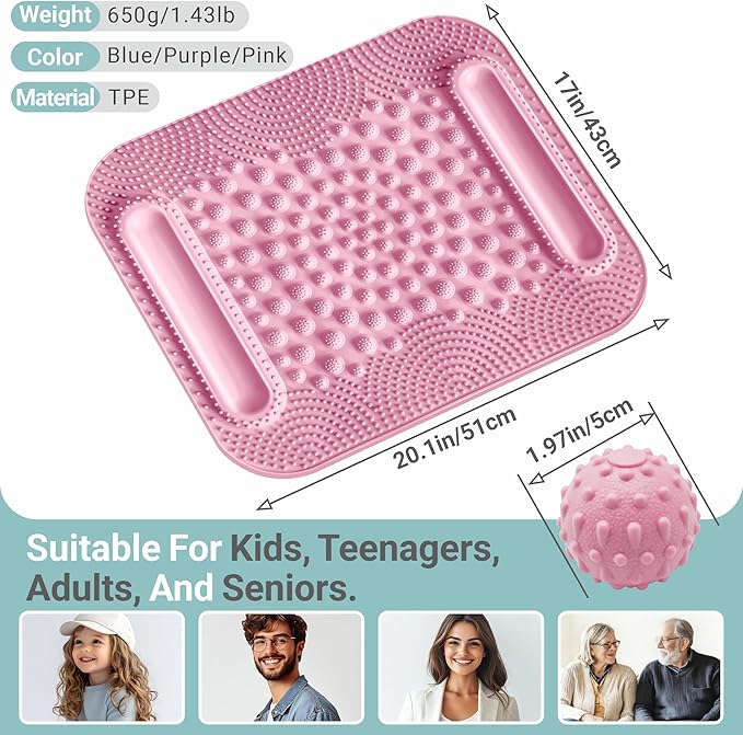 Foot Massage Mat with Two Massage Balls, 5-Zone Acupressure & Reflexology Mat for Various Stimulation, Portable Pressure Point Pad for Feet Relaxation, Pain, Fatigue Relief((Pink)