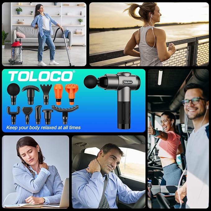 TOLOCO Massage Gun, Deep Tissue Back Massage for Athletes for Pain Relief, Percussion Massager with 10 Massages Heads & Silent Brushless Motor, Valentines Day Gifts for Him Her, Grey