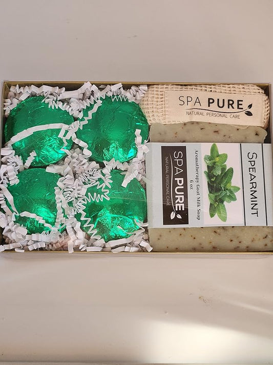 Spa Pure Aromatherapy Gift Set: Spearmint Artisan soap, 4 Shower Steamers, made in USA with plant based ingredients, Cotton Shower Steamer & Soap Bag