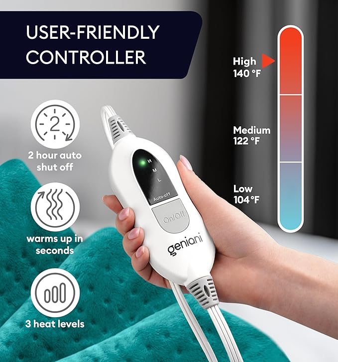 GENIANI Electric Heating Pad for Back Pain & Cramps Relief, Electric Throw, Auto Shut Off, Machine Washable, Moist Heat Pad for Neck & Shoulder - Valentines Day Gifts for Her, 12x24 Viridian Green