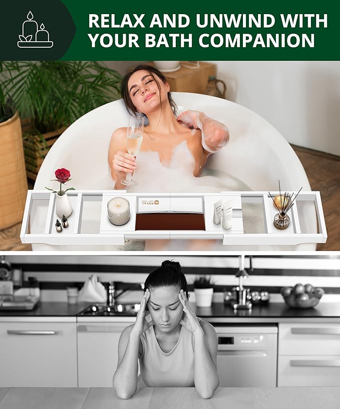 ROYAL CRAFT WOOD Premium Foldable Bathtub Tray Caddy - Wood Bath Tray for Tub, Bamboo Shelf, Expandable Bath Table Trays, Bathtub & Bathroom Accessories for New Home & Mothers, Birthday Gifts for Mom