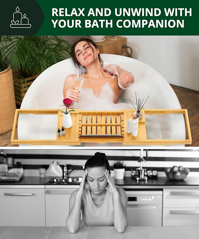 ROYAL CRAFT WOOD Premium Foldable Bathtub Tray Caddy - Wood Bath Tray for Tub, Bamboo Shelf, Expandable Bath Table Trays, Bathtub & Bathroom Accessories for New Home & Mothers, Birthday Gifts for Mom